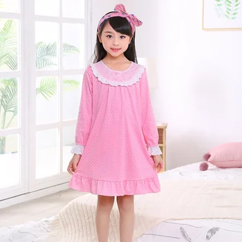 

Cotton children long-sleeved nightwear lace Big Girl Nightdress New 2020 spring & autumn Princess Kids dot SleepDress Nightgowns