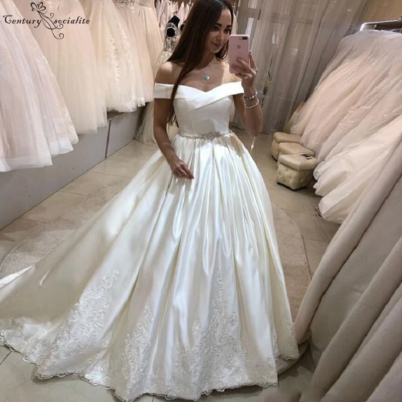Vestido De Noiva атласные свадебные платья бальное платье Кружевная аппликация с открытыми плечами корсет сзади размера плюс свадебное платье невесты платье