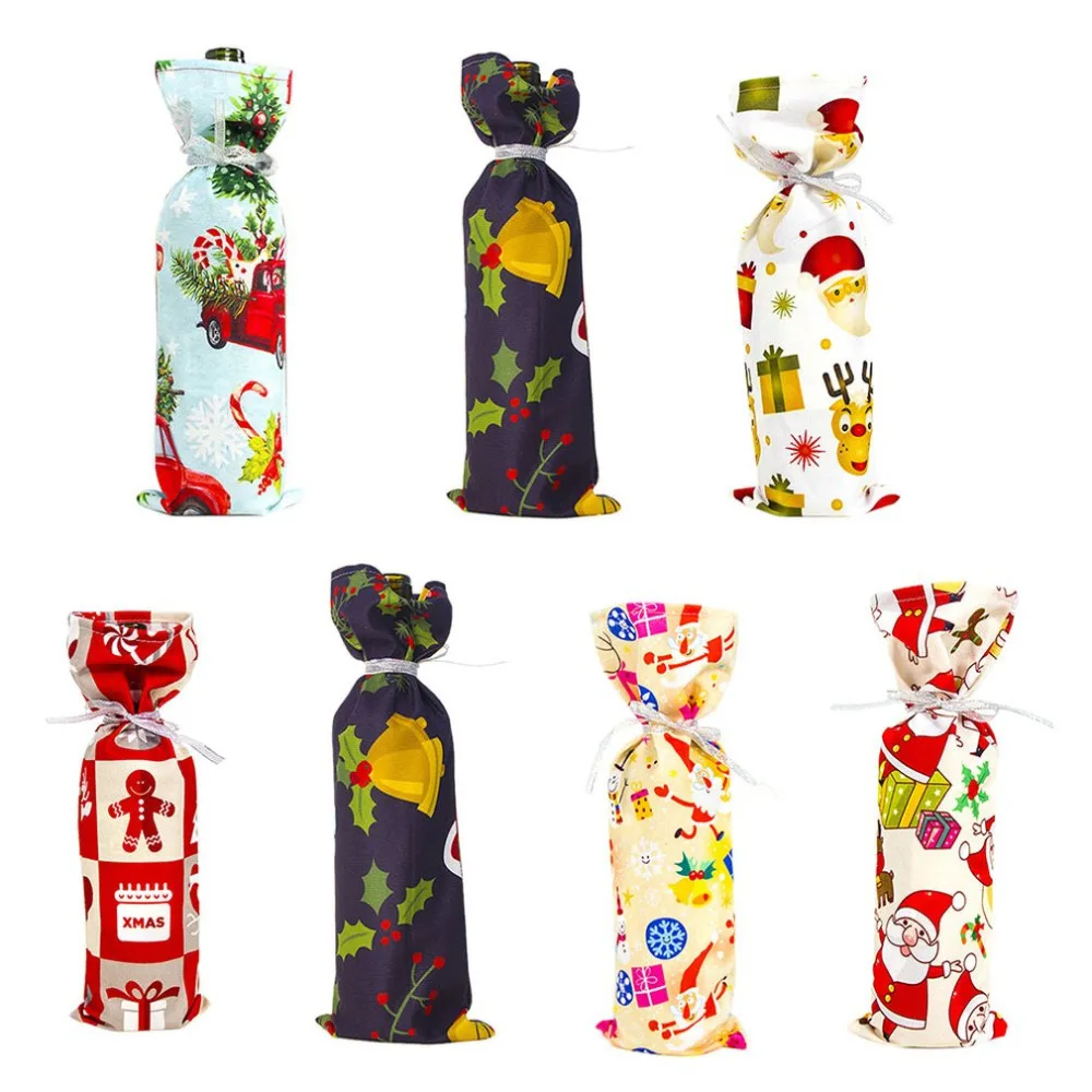 Christmas Wine Set Decoration Polyester Cotton Flannel Printed Christmas Wine Set Christmas Champagne Bottle Set