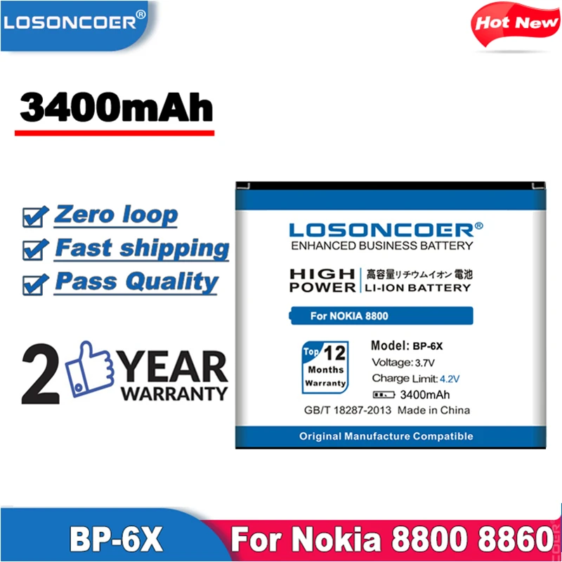 LOSONCOER 3400 мАч BP-6X BP 6X Высококачественный аккумулятор для Nokia 8800 8860 Sirocco N73i BL-5X |