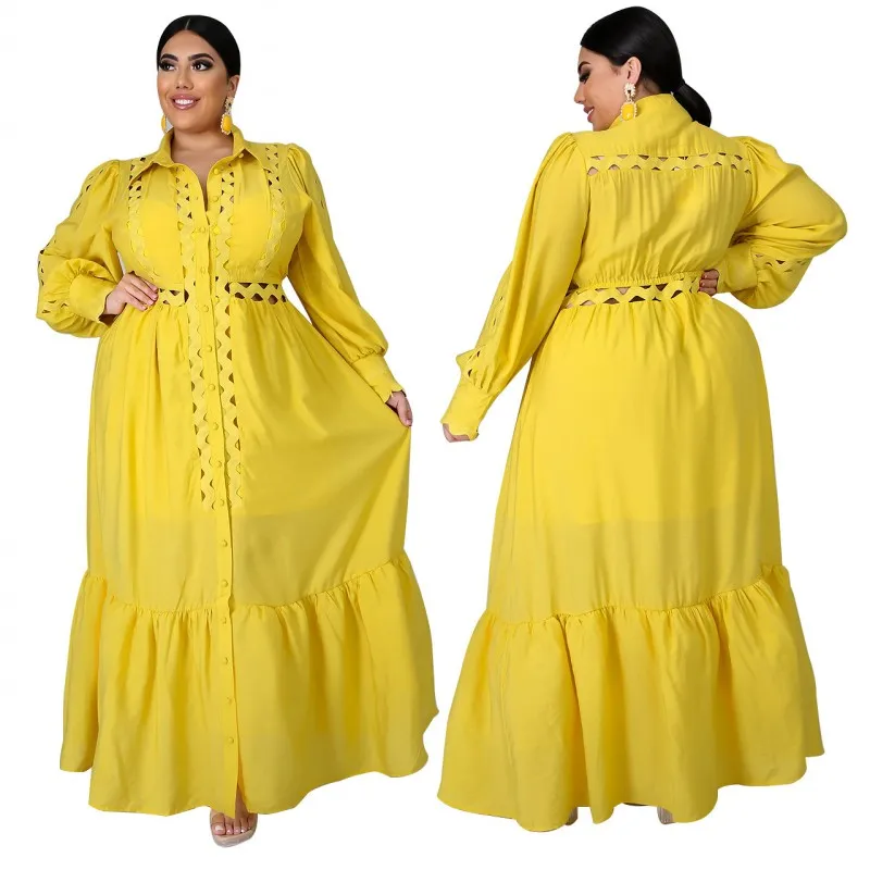 

Autumn And Winter New Fat Mm Loose Slim Fashion Large Size XL--5XL Female Dress Long Sleeve Button Corrugated Waist Long Dress