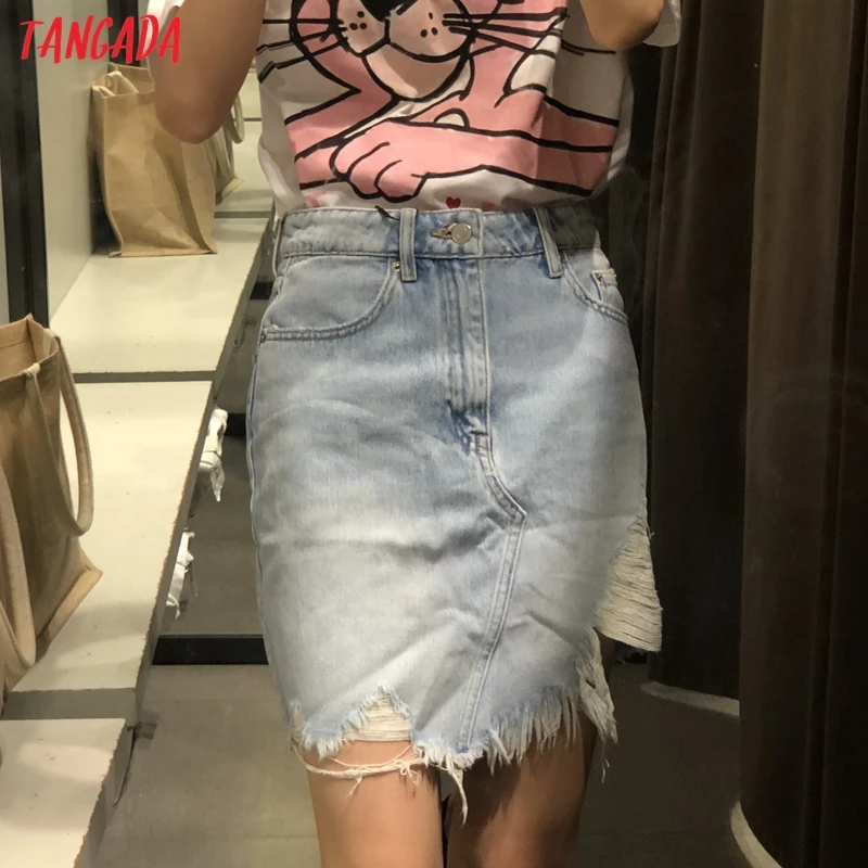 Tangada women blue denim Ripped skirts high waist summer female mini skirt ladies 3L71