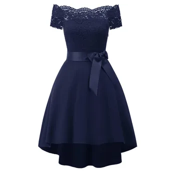 

Slash Neck Short Sleeve Belt Vintage Dress Women 2020 Party Ceremony Hi Lo Lace Swing Wedding Bridesmaid Party Summer Dresses