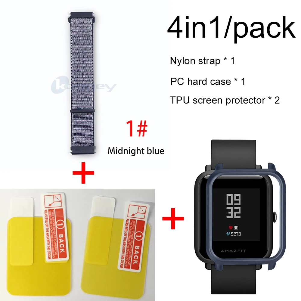 4в1 для Xiaomi Huami Amazfit ремешок bip браслет нейлоновая петля Smartwatch Браслет amazfit bip чехол с защитой экрана - Цвет: 1-Navy blue case