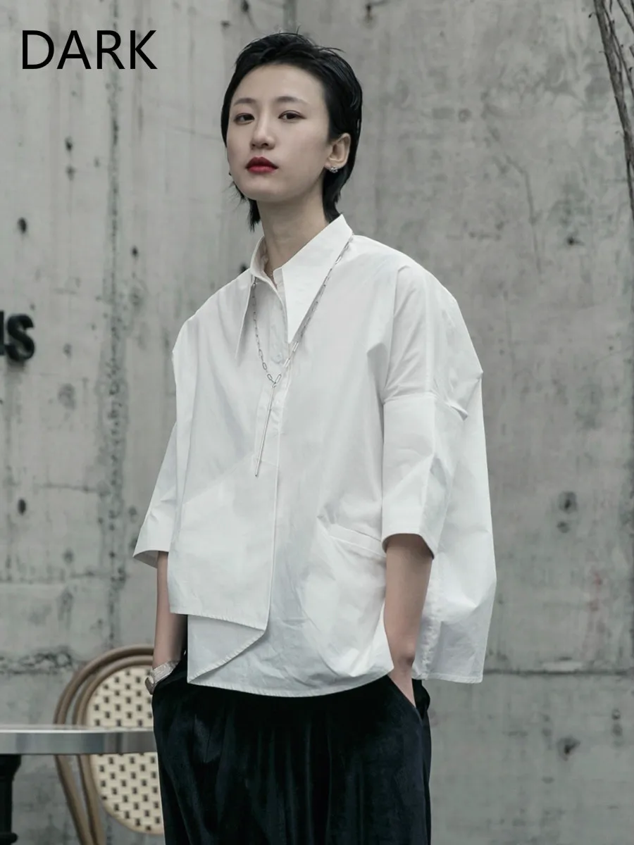 

2020 Spring And Summer Simple Hong Kong Style Designer Irregular 3/4 Sleeve Shirt Ladies