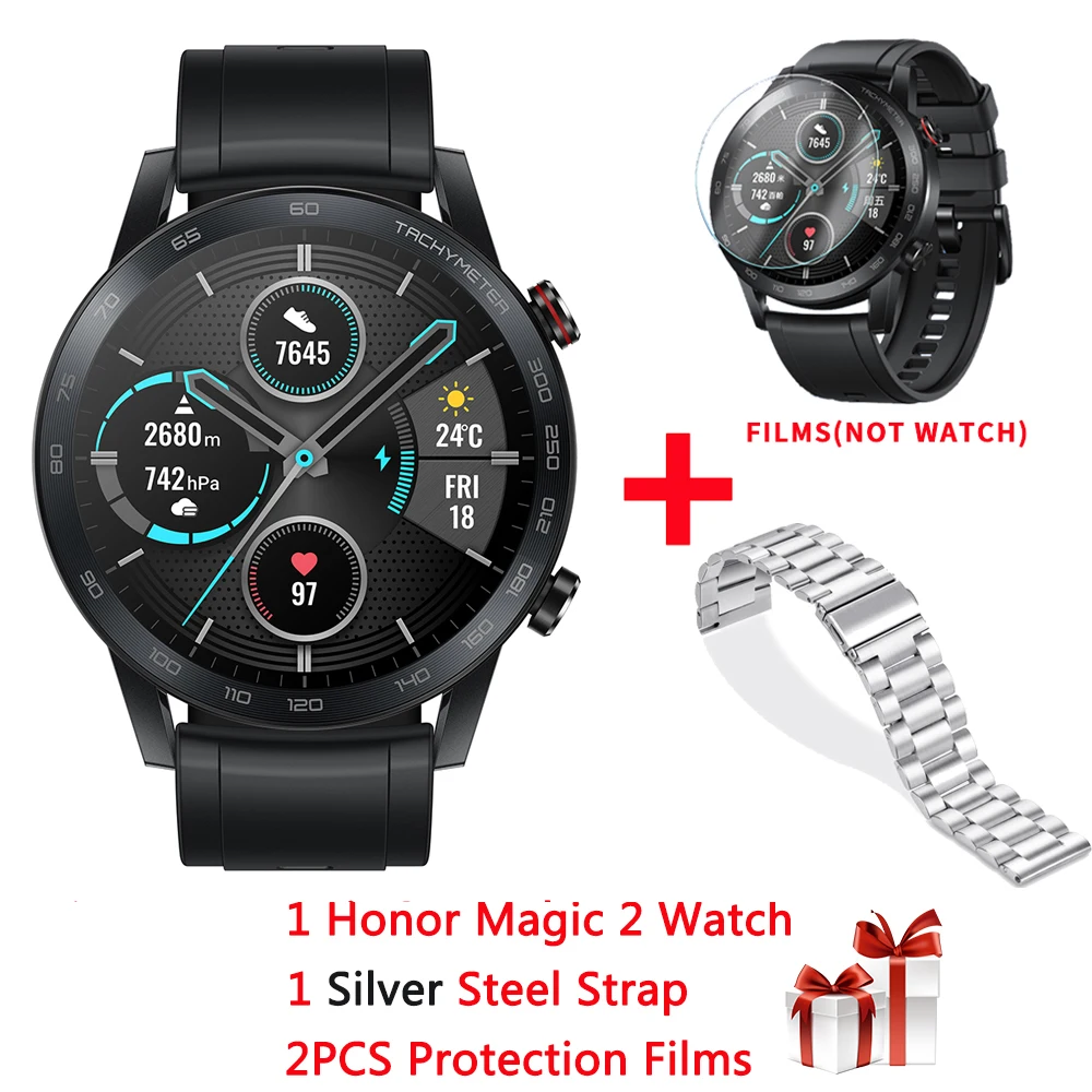 Глобальная версия huawei Honor Magic 2 умные часы gps+ ГЛОНАСС 5 АТМ часы с кислородом крови, NFC, Bluetooth Музыка для Android IOS - Цвет: black a silver steel