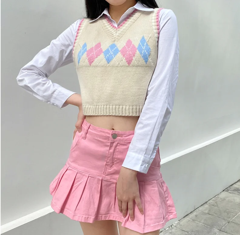 New E Girl Plaid Sweater Vest Knitted Y2k Tank Tops V Neck Casual Cute Cropped Streetwear Vintage Clothes 21 Winter Fall Tops Living Vs Life