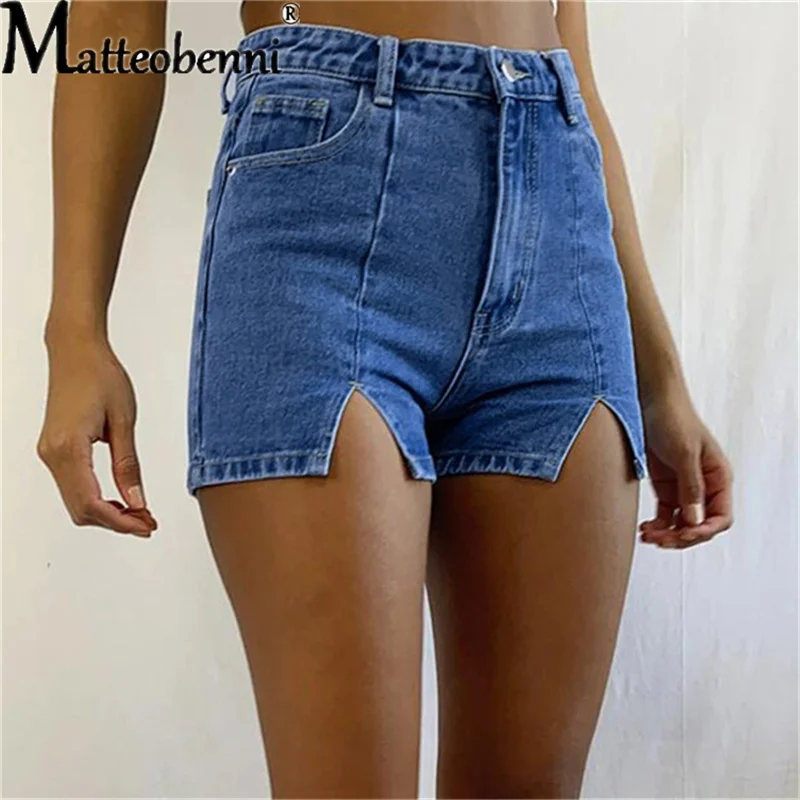 Women High Waist Denim Shorts Stretch Tight Sexy Hem Split Jeans Shorts Summer Street Casual Soft Thin Shorts Girl Hot Short