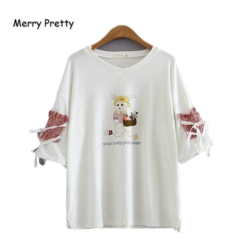 MERRY PRETTY, Хлопковые женские футболки на шнуровке с мультяшным принтом, летняя Клетчатая Лоскутная футболка с коротким рукавом, Femme, базовые топы, футболки