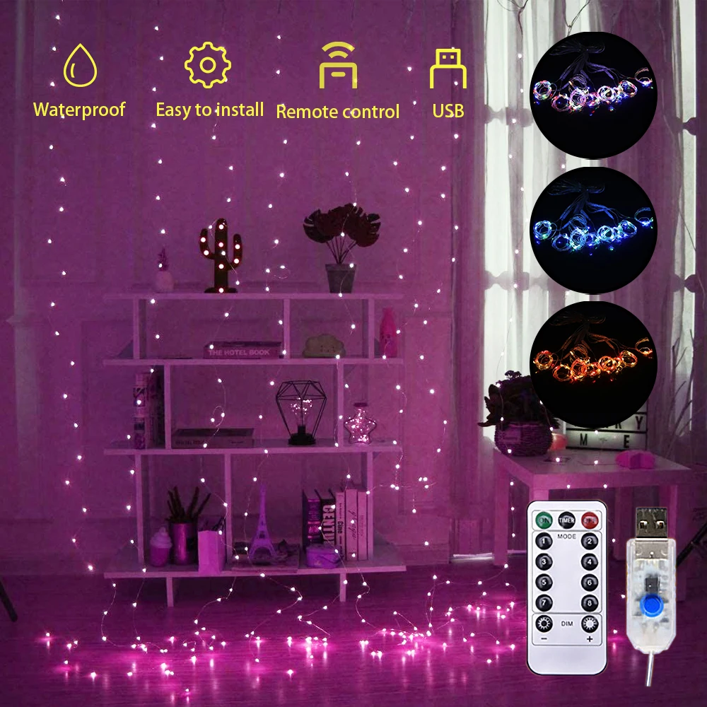

3x3m Fairy Curtain Light LED Remote Control USB Garland String Lights for Home Bedroom Window Holiday Christmas Party Decoration