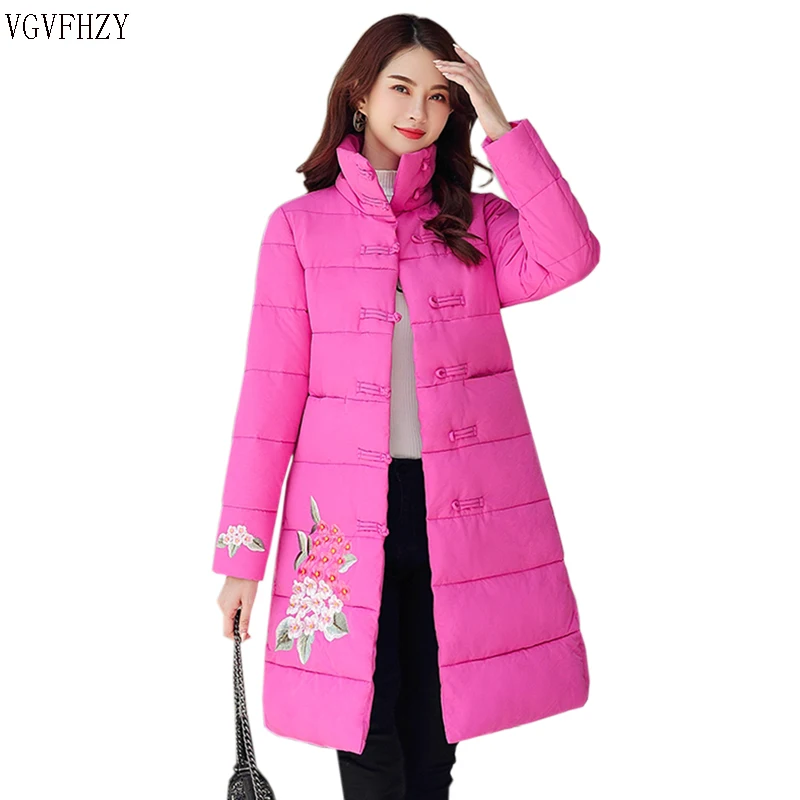 

Plus Size Chinese National Style Down Cotton Clothes Female Middle Length 2019 Embroidered Parka Winter Jacket Women Coat