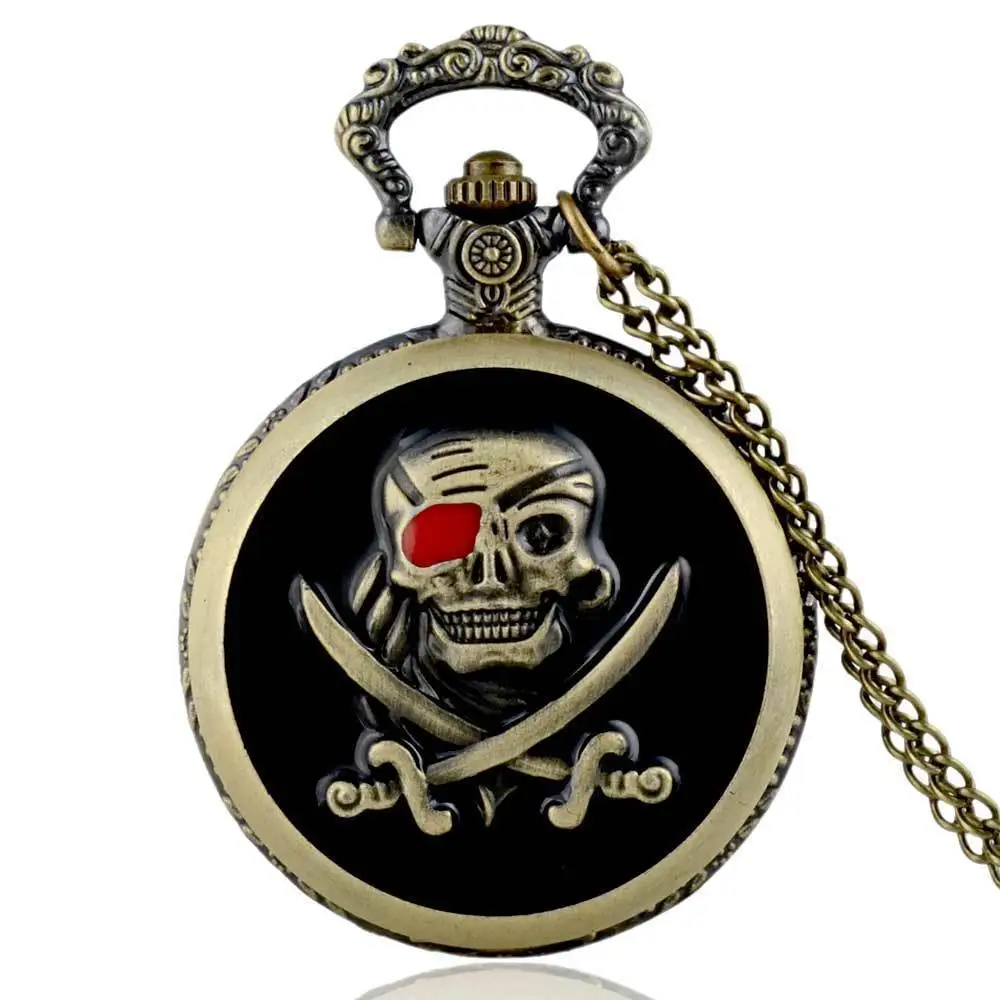 

IBEINA Skull Theme Full Hunter Quartz Engraved Fob Retro Pendant Pocket Watch Chain Gift