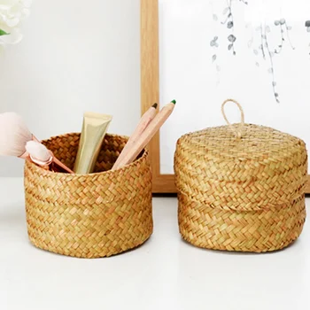 

Handmade Straw Woven Storage Box Desktop Storage Basket With Lid Gift Box Sundries Organizer Gift Packing Box