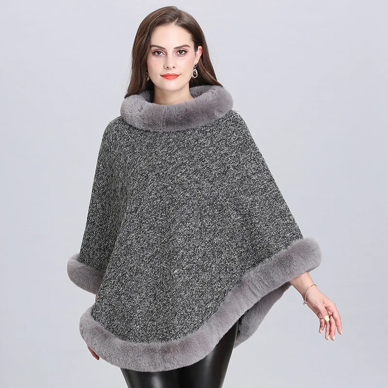Женские кейпы пончо Осень и зима искусственный Лисий мех хаки шаль вязаный треугольный меховой свитер плюс размер пуловер пальто меховой для шеи - Цвет: dark gray