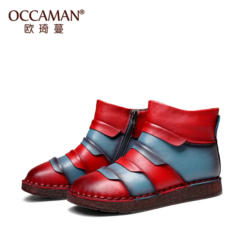 

OCCAMAN Winter New Design Mixed Color Shoes Warm Cow Leather Flats Causal Soft Fashion Boots 16141