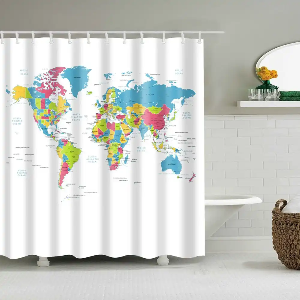 Dafield World Map Shower Curtain Fabric Map Shower Curtain World