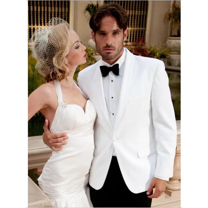 

Groom Tuxedos White Jacket Black Pant Bowtie 3Pieces Shawl Collar One Button Fashion Men Suits Bestmen Groom Terno Masculino