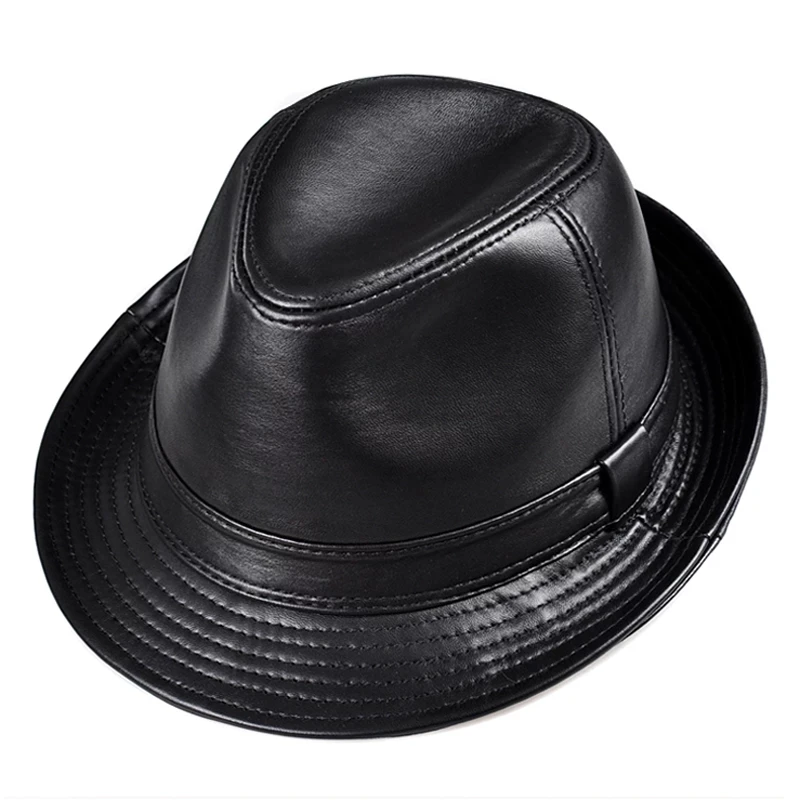 

Winter Genuine Leather Wide Brim Stetson Fedoras British Hats For Men/Women Gentman Black 55-61cm Fitted Jazz Hip-Pop Gorras