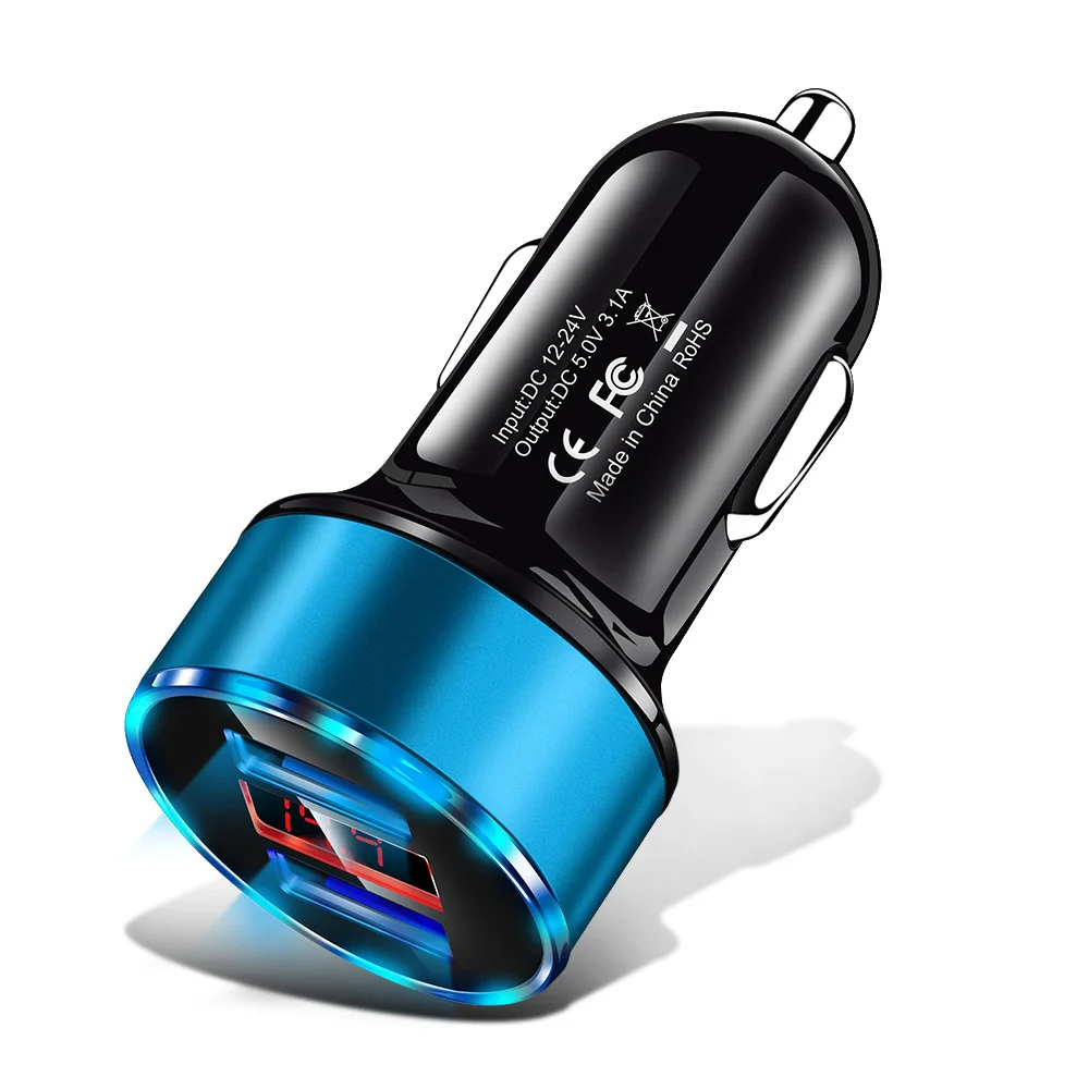 3.1A автомобильное зарядное устройство с двумя usb-портами, светодиодный дисплей, автомобильное зарядное устройство для iPhone 11X8 7, Xiaomi samsung S10 S9, автомобильное зарядное устройство, адаптер - Тип штекера: Blue car charger