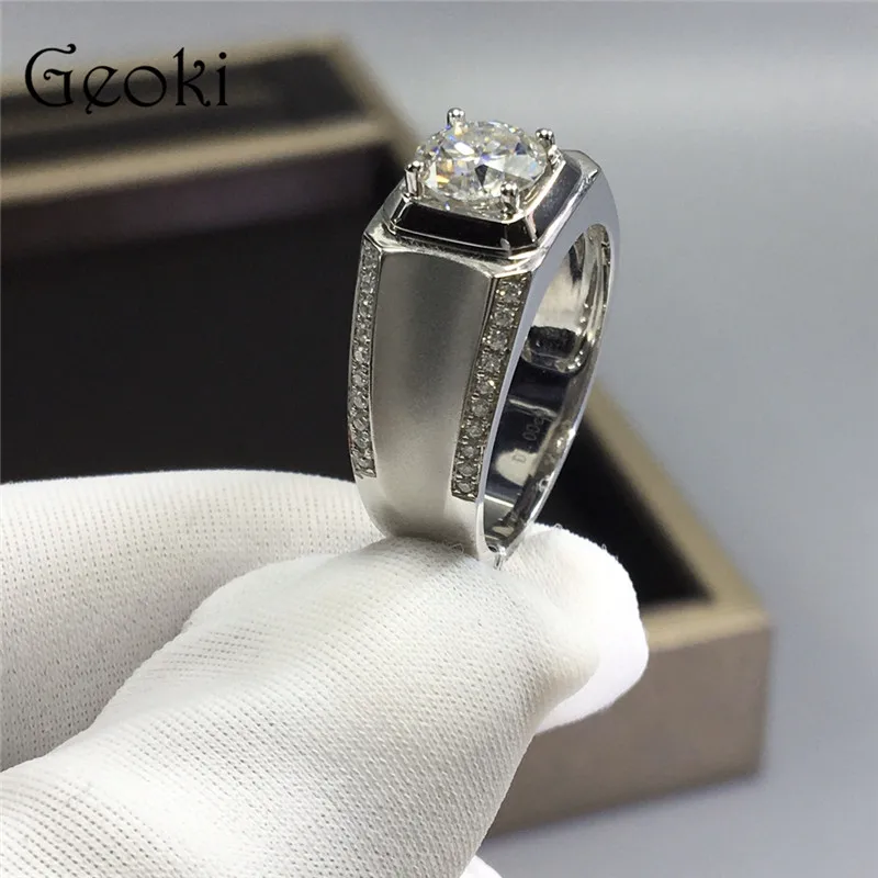 1 Carat Diamond Test Past  Brilliant Cut Real D Color Moissanite Wedding Ring Men White Gold Plated Original Gemstone Jewelry