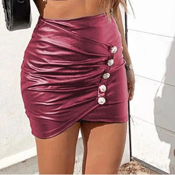 

Irregular Summer Skirts for Women Button Decoration Short Bottom High Waist PU Leather Mini Skirts Slim Asymmetric Skirts