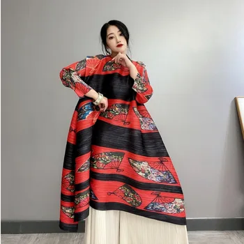 

LANMREM 2020 spring summer new pleated clothes for women loose elastic round collar vintage printting dresses famale tide YJ300