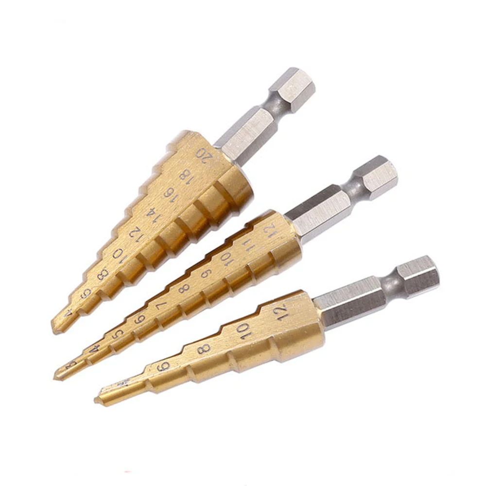 

3pcs 4241 High-Speed Steel HSS Step Cone Drill Bit Titanium Hole Cutter High Speed Steel Set 3-12/4-12/4-20mm NEW