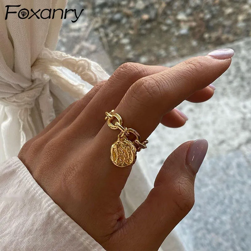 Silver Rings FOXANRY Silver Color Rings Fashion Vintage Couples Simple Hollow Chain Irregular Texture Pendant Party Jewelry for Women
