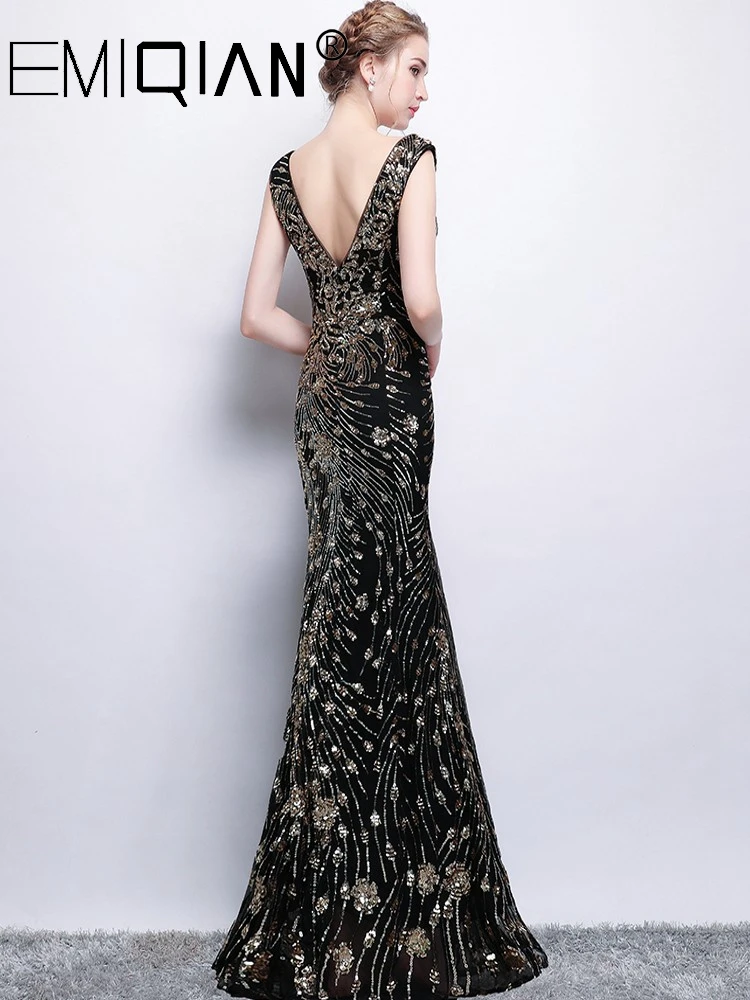 Robe de soiree, бисерное вечернее платье, вечернее платье русалки, Черное длинное вечернее платье с золотыми блестками
