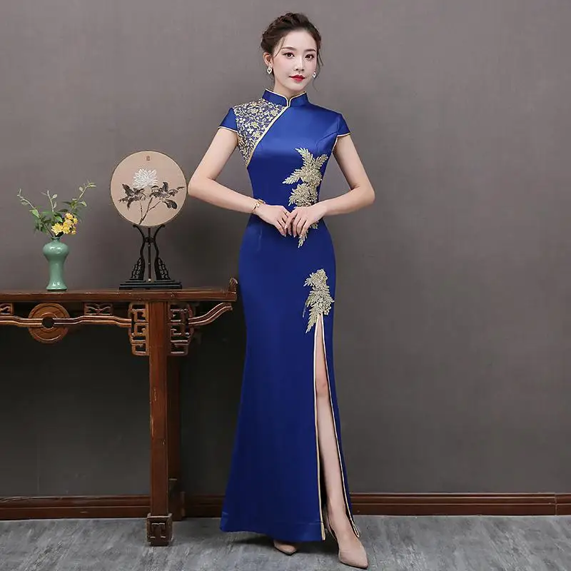 Сексуальное женское длинное платье Cheongsam с кружевными цветами летнее винтажное