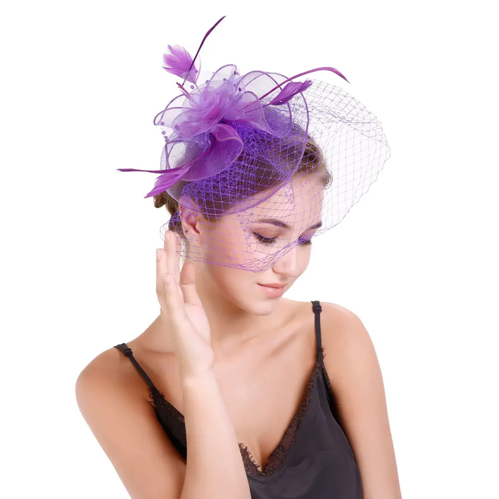 Фиолетовый Свадебные шляпы, вечерние заколки для волос, украшения, элегантные эластичные легкие свадебные женские головные уборы, мягкие, ручной работы, искусственные перья, Коктейльные - Цвет: Фиолетовый