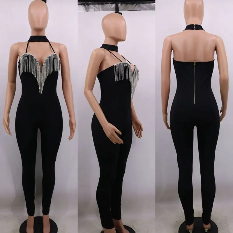 ZOOEFFBB Sexy Sequin Fringe Bodycon Jumpsuit fashion One Piece Club Outfit Body Off Shoulder Backless Rompers Womens Jumpsuit