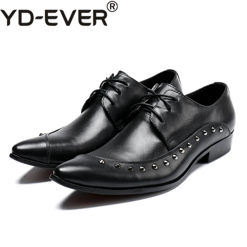 Black Stud Mens Dress Shoes Genuine Leather Pointed Toe Classic Men Formal Business Flat Elegant Gentleman Wedding | Обувь