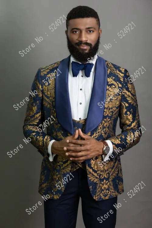Men Suits Gold Pattern and Navy Blue Groom Tuxedos Shawl Satin Lapel Groomsmen Wedding Best Man ( Jacket+Pants+Vest+Tie ) C699 Men Suits Gold Pattern and Navy Blue Groom Tuxedos Shawl Satin Lapel Groomsmen Wedding Best Man ( Jacket+Pants+Vest+Tie ) C699