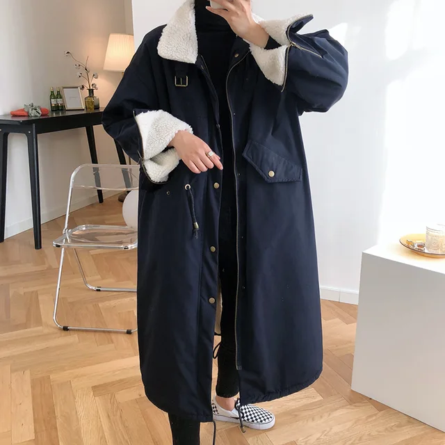 Women Winter Lamb Wool Coat Fur Collar Long-Sleeved Long Section Over The Knee Loose Casual Solid Coat