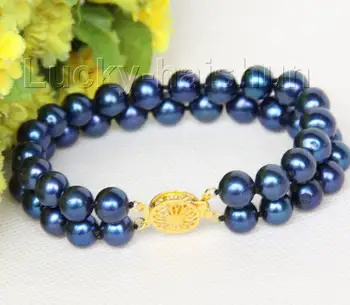 

Free shipping new hot 8" 10mm 2row round navy blue freshwater pearls bracelet