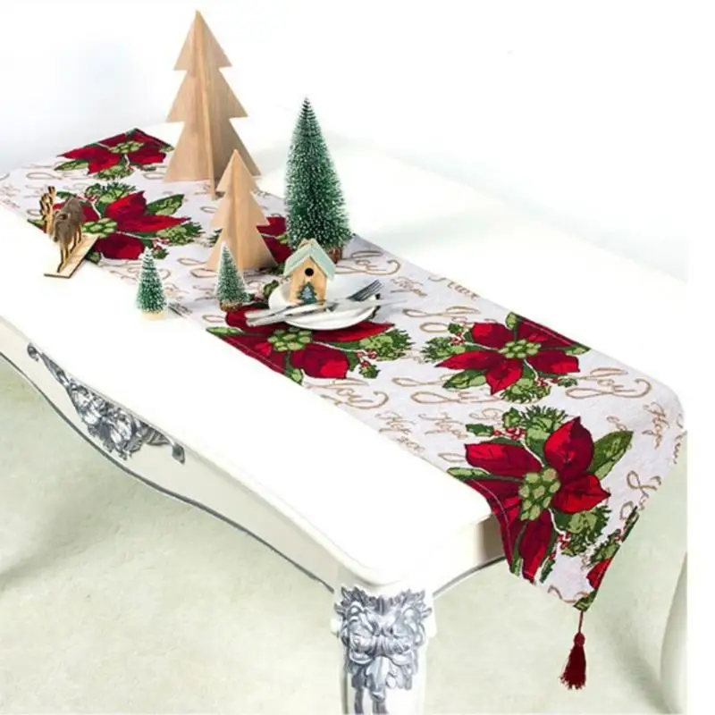 180x34cm Christmas Table Runner Cotton Embroidered Deer Christmas Tree Tablecloth Home Party Wedding Christmas Table Decoration