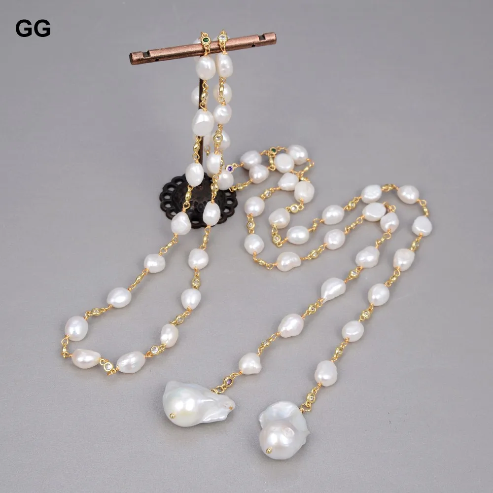 

GG Jewelry Freshwater White Keshi Pearl White Baroque Pearl Mixed Color Cubic Zirconia Pave Chain Long Necklace Women Jewelry