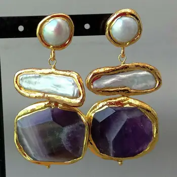 

Freshwater White Biwa Keshi Pearl A1methyst Golden Plated Earrings