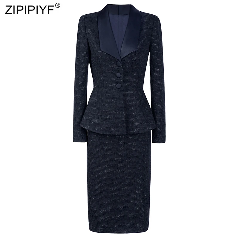 Женский офисный костюм из 2 предметов облегающий блейзер с отложным воротником и