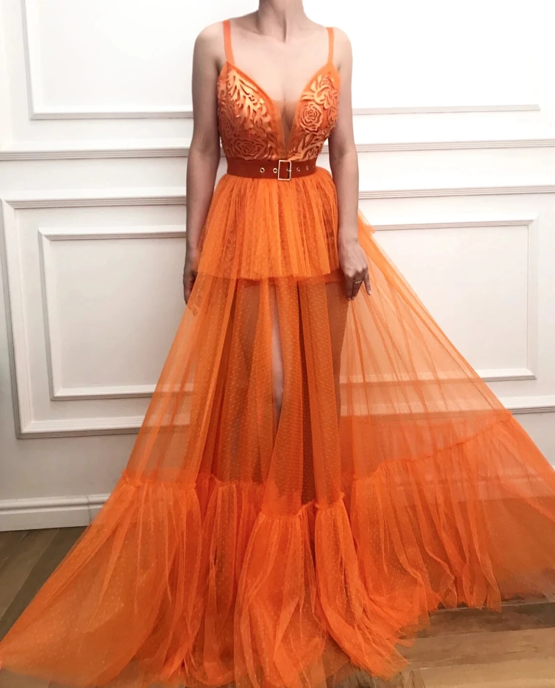 

BridalAffair Orange A Line Prom Dresses High Slit Pleats Spaghetti Straps vestido de gala Tiered Tulle Women Formal Evening Gown