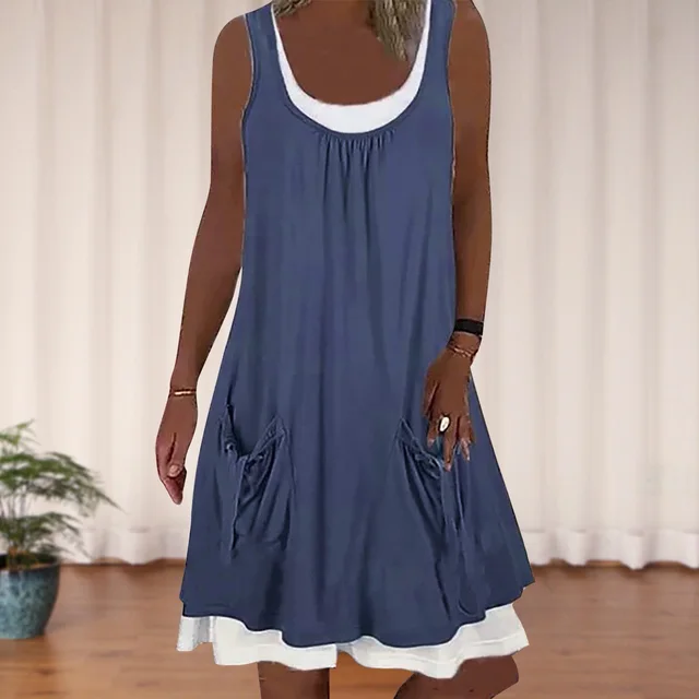 Summer Patchwork Short Dress Women 2021 Casual O Neck Pocket Party Dress Ladies Sleeveless Loose Beach Dresses Plus Size 08