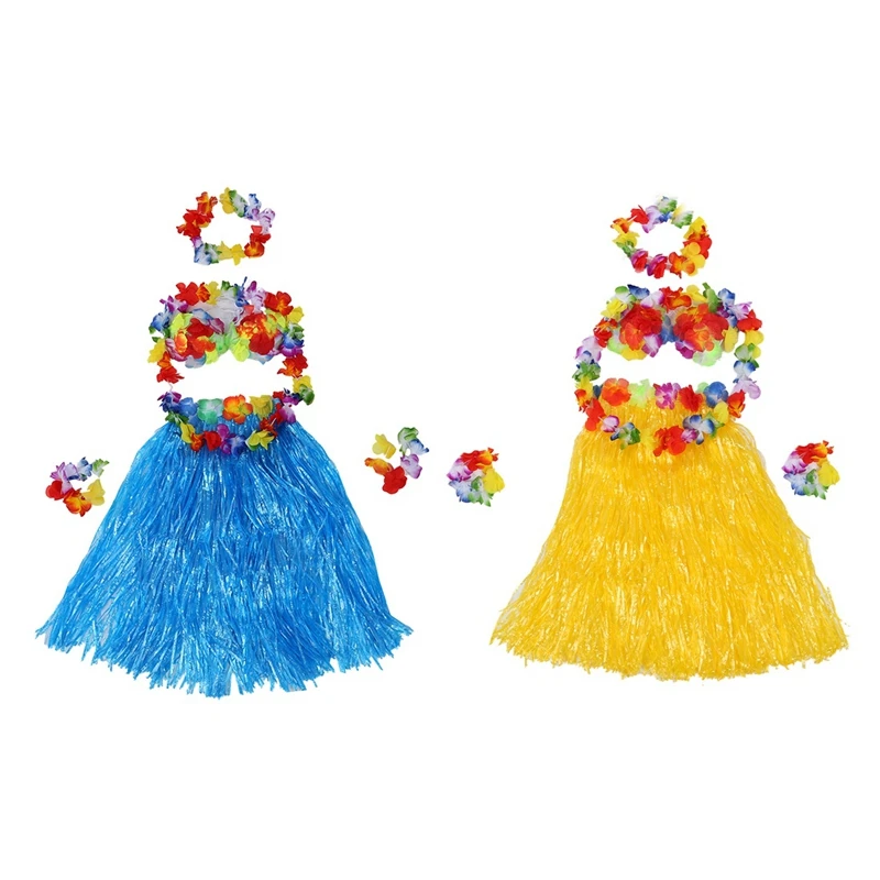 

12 Set Hawaiian Grass Skirt Flower Hula Lei Wristband Garland Fancy Dress Costume - 6 Set Blue & 6 Set Yellow