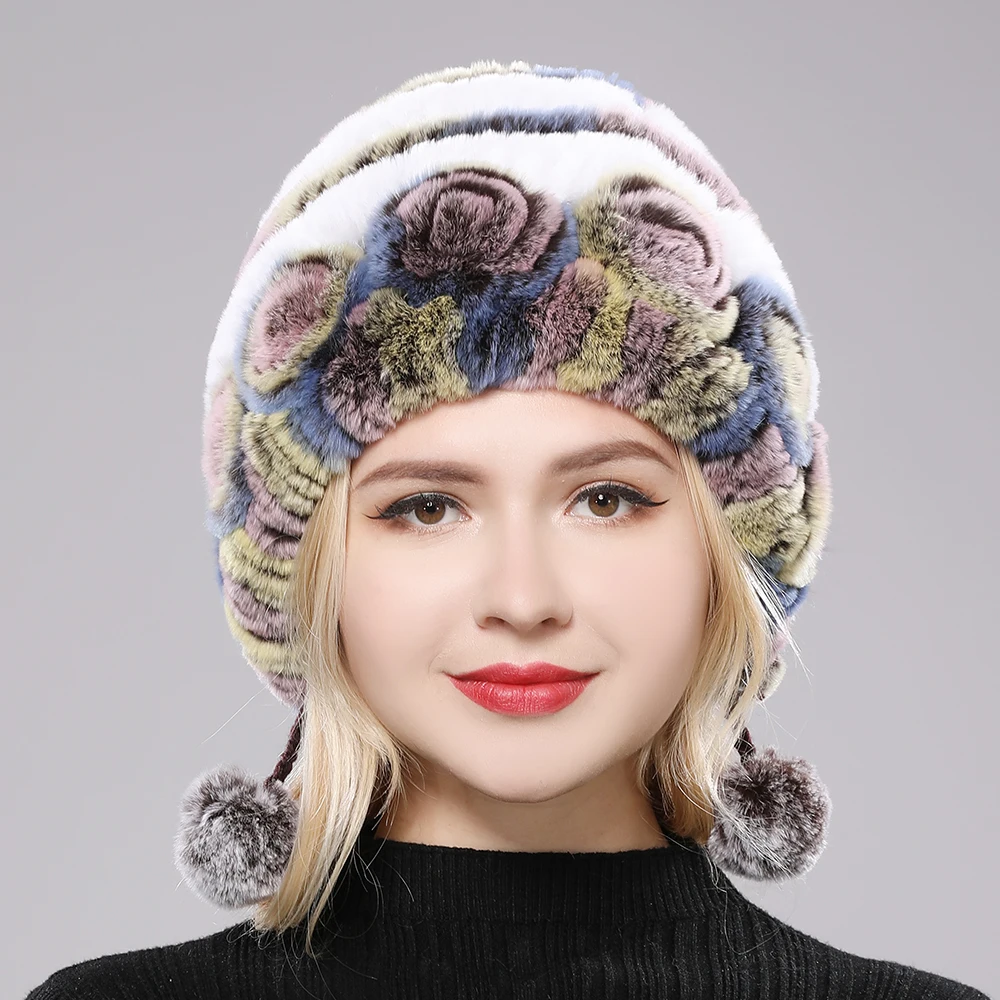 Natural Soft Knitted Rex Rabbit Fur Hat Russian Women Winter 100% Genuine Rex Rabbit Fur Caps Lady Warm Real Rex Rabbit Fur Hats 2