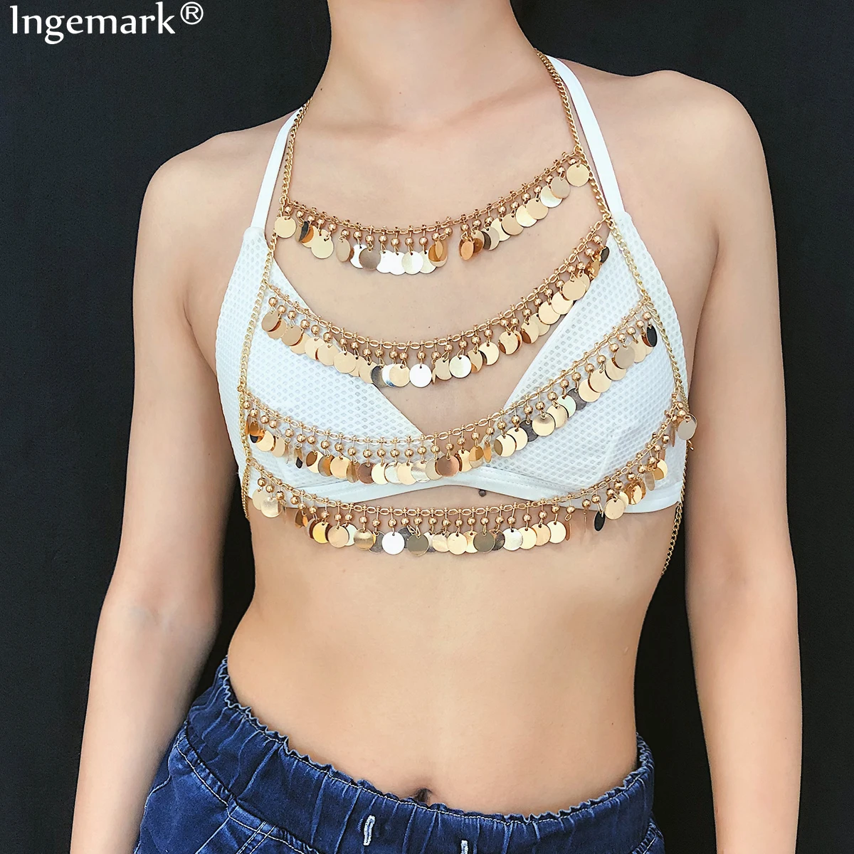 

Ingemark Gypsy Full Sequins Tassel Harness Body Chain Necklace Bra Sexy Hollow Chest Bikini Iron Body Jewelry Statement V Girls
