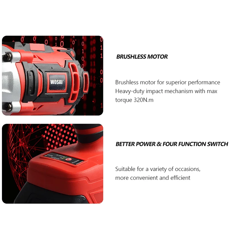 WOSAI 20V Brushless Electric Wrench Impact Wrench Socket Wrench 320N.m 4.0AH Li Battery Hand Drill 