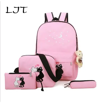 

LJT Junior High School Student Bag Female Campus High School Student Korean Fresh Large Capacity Cartoon Printing Backpack 2pcs