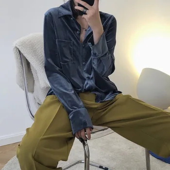 

Louvre han edition fashionable new winter palace temperament velvet loose shirt luster show thin long sleeve shirt