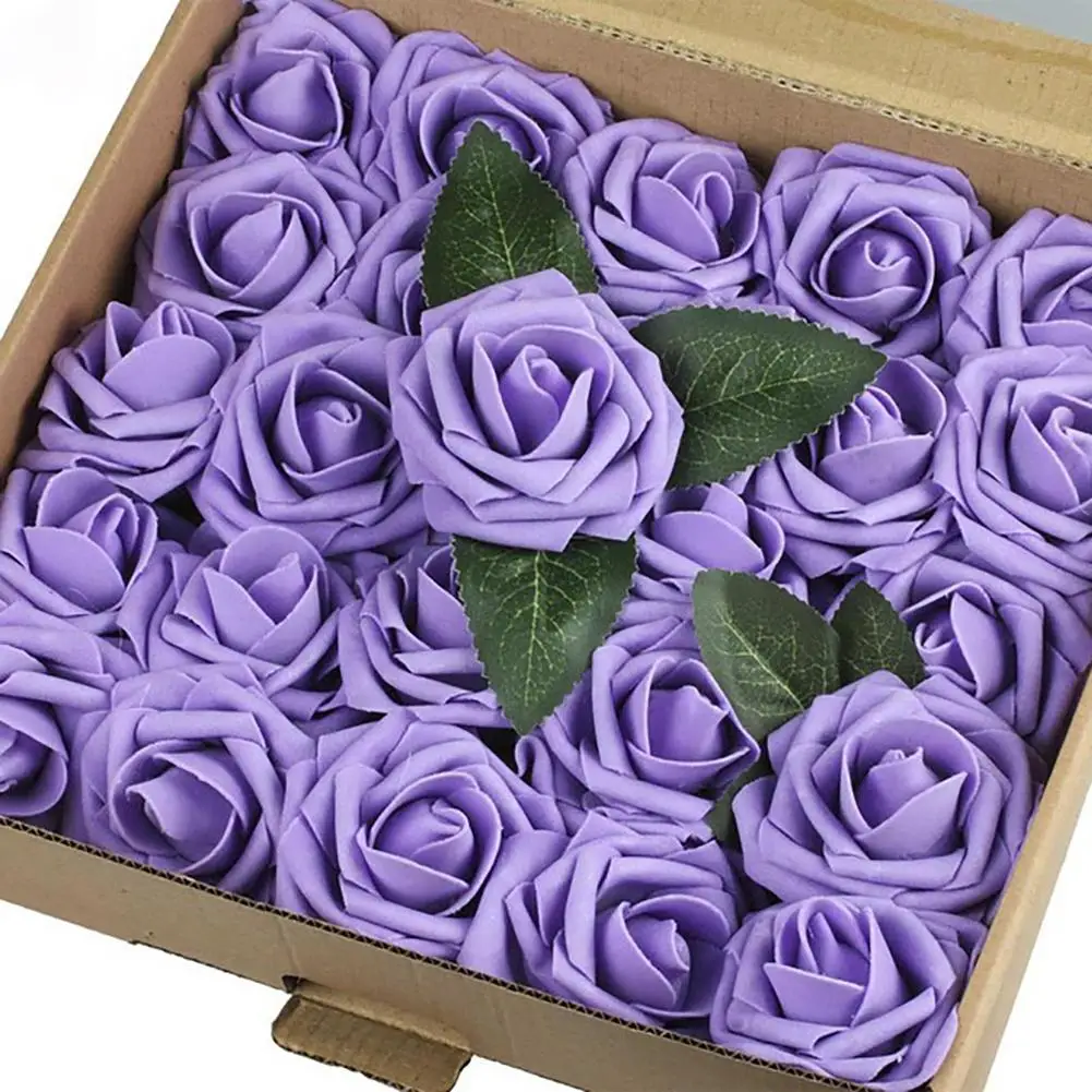 purple TPFOCUS 50Pcs 8CM Mini Foam Artificial Rose Flower Bouquet Multicolor Rose with Leaves for Home Party Decor Diy New Year Gifts - Цвет: purple