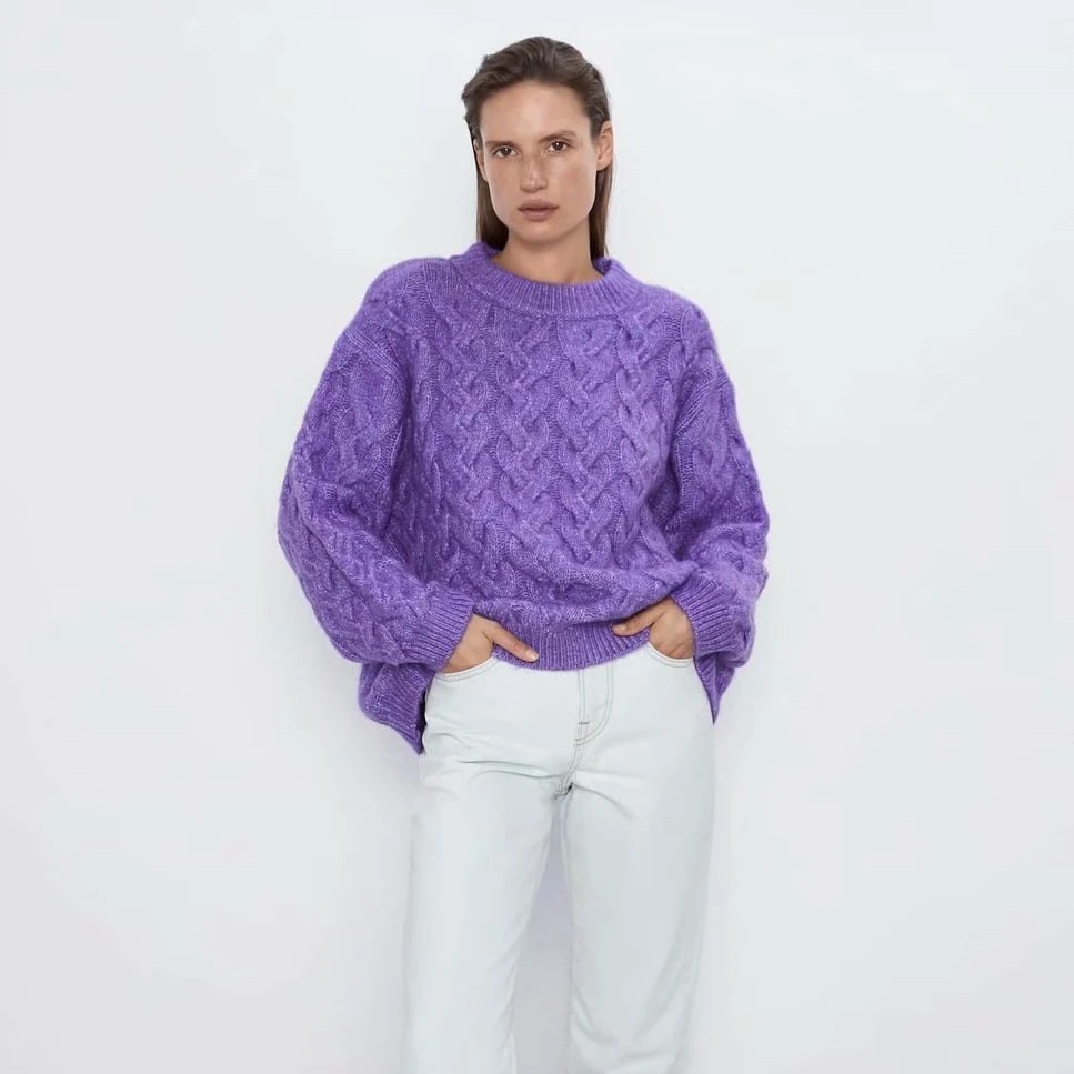 ZA Fashion Twisted трикотажные Фиолетовые женские свитера с круглым вырезом и длинным рукавом Осень Зима повседневный элегантный джемпер свитер